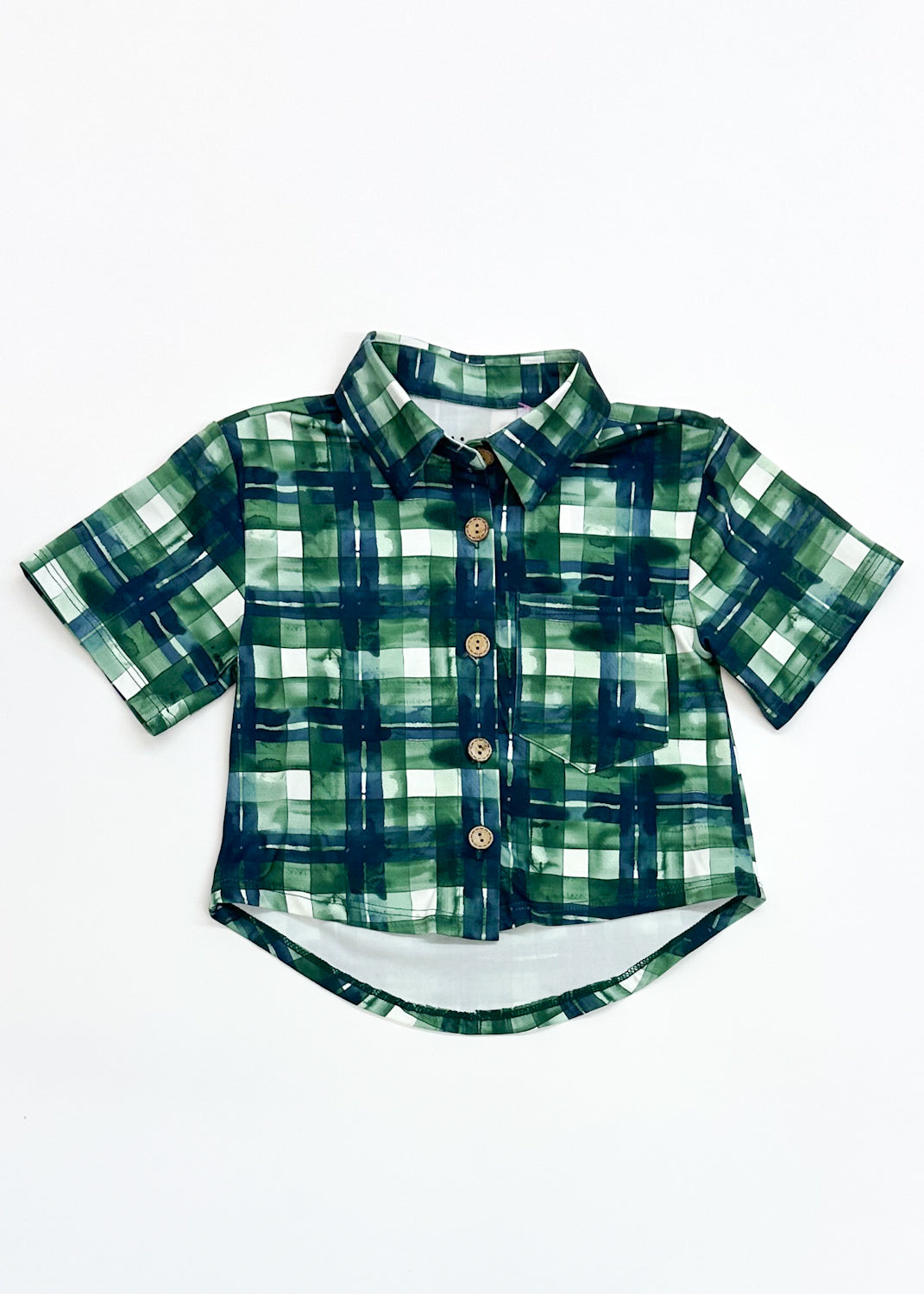 Green Plaid Button Down Collared Top