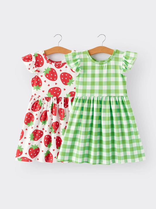 Girls Strawberry Plaid Print Dress 2-piece Set: 5-6Y