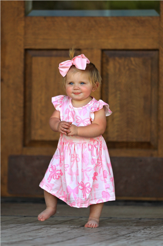 Easter Bow Print Flying Sleeve Girls Dress: 7