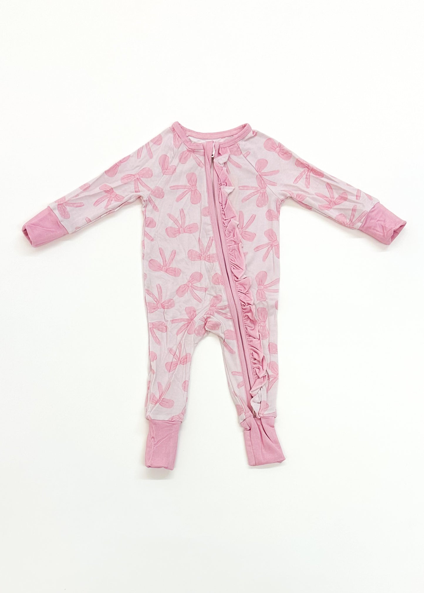 Bow Print Ruffle Zippy Bamboo Pajamas