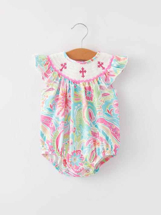 Easter Cross Smocking Embroidery Baby Girl Romper: 18M